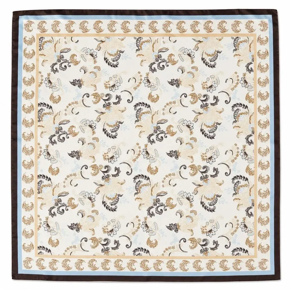 Vintage Style Paisley Floral Square Satin Scarf 34” Blue Brown Cream